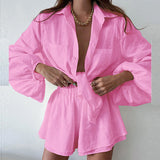 2025 Women's Casual Pure Color Lotus Leaf Side Shorts Shirt Fashion Set Women's Two-Piece