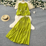 Gentle Wind Age Reduction Suit Women's Spring French Strap To Close Waist Round Collar Long-Sleeved Shirt + High Waist-Hanging Half-Body Skirt