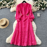Advanced Sense Of Elegant Lace Dress 2025 New Hollow Hooks Waist Lantern Sleeves Waist Waist Dress Dress