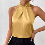 Women's Clothing 2025 Summer New Color Clove Hanging Neck Sleeveless Vest Ribbon Simulation Silk Top