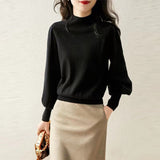 European Goods In The Ocean With Half-High Collar Knitted Women 2025 Autumn New Lantern Sleeve Cashmere Bottom Sweater Commute