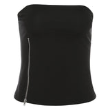 2025 Summer Women's New Black Sexy One-Word Shoulder Zipper Short Outer Wearing Thin Vest