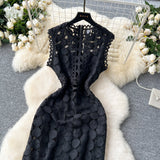 Vintage Light Luxury High-End Sleeveless Dress Female Summer Mesh Yarn Hollow Hook Open Fork Design Long Dress