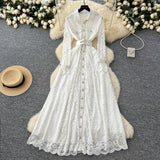 French Wear Women's Dress 2025 New Retro Elegant Single-Drace Buckle Waist-Repair Temperament Lace Dress