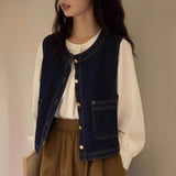 Fashion Retro Denim Vest Women Spring And Autumn Folding Waist Coat Outside A Small Design Feel Shoulder Clip