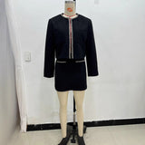 2025 Spring Long Sleeve Water Drill Decoration Short Rough Spinning Ring Velvet Jacket Mini Skirt Suit Woman