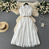 Small Design Buckle Loose Collar With Long Dress Women Summer Waist 100 Folded Shirt Collar Splicing Long Dress