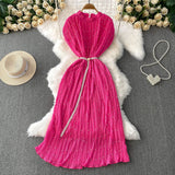 Famous Temperament Heavy Industry Pearl Wood Ear Round Collar Dress Women's Summer New Waist Thin 100 Folded Long Skirt