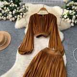 French Wear With A Female Autumn Temperament Short Lantern Sleeve Shirt High Waist Hanging Feeling Open Skirt Two Sets