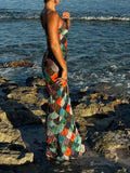 2025 Summer New Women's Print Sleeveless Hanging Neck Dress Fashion Temperament Elegant Sexy Style