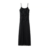 Famous Party Small Dress 2025 Autumn New Sling Embroidered Flowers 100 Folds Under The Pendulum Pure Color Dress