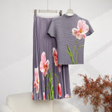Miyaji Fashion Set Women's Summer French High-Grade Folding Print Short-Sleeved Top + Loose A Word 100-Fold Long Skirt