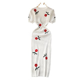 Summer Dress High-End Temperament Embroidered Rose Knitted Dress Women's Short Sleeve New Chinese Bag Long Skirt