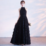 White Feather Hanging Neck Open Shoulder Fashion Atmosphere Thin Long Skirt Evening Dress Students Graduation Performance Choral Costume