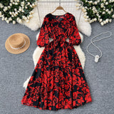 French Retro Fashion Print Dress Women Loose Strap To The Waist Thin A Word Big Pendulum Long Skirt