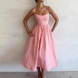 Women's New 2025 Spring Dress Solid Color Sexy U-Neck Waist Folding Sling Dress
