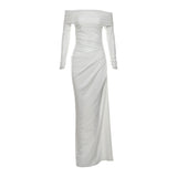 Spring 2025 New Women's Temperament Sexy Shoulder Mesh Perspective Long Dress Dress Woman