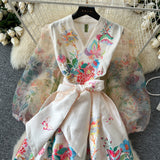 Spring 2025 Court Wind V Tie Belt Belt Belt Belt Lantern Sleeve Print Thin Long Dress