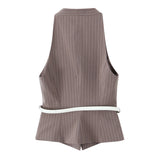 Temperament With Belt Striped Set 2025 Spring V Collar Vest High-Waisted Trousers Woman