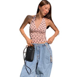 2025 Summer Women's New Hottie Sexy Black Wave Dot Print Spread Out Back V Collar Hanging Neck Tight Vest