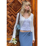 2025Ins Wind Sweater Knitted U-Neck Hollow Solid-Colored Bow Strap Wearing Long-Sleeved Women's Top