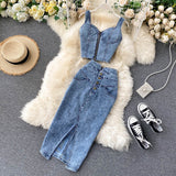 Hong Kong Style In Women's Clothing Set 2025 New Female Sense Short Sling Vest High-Waisted Denim Skirt Tide