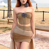 2025 Summer New Sexy Chest Umbilled Vest High-Waisted Hip-Up Mesh Skirt