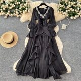 French High-End Elegant Dress Women Fashion Heavy Industry Embroidery Stender V Collar Waist Temperament Court Style Long Dress