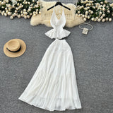 White Holiday Set Women In Summer Pure Want To Close Waist Hanging Neck Lace Splicing Sling Vest Fairy Chiffon Half-Body Skirt