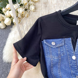 2025 Net Red New Niche Round Collar Short Sleeve Splicing Denim Dress Women Senior Feel Waist-Wear Two Long Skirts