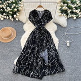 2025 Summer New Small High-End Sense V-Neck Short-Sleeved Waist Irregular Open-Fork Print Dress Women's Long Dress