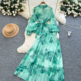 Temperament Two Sets Of Female High-Grade Style Straps To The Waist Lantern Sleeve Print Chiffon Top + High Waist Skirt