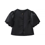 Fashion Bubble Sleeve Single-Button Shirt 2025 Spring And Summer Sweet Round Collar Short Top Female Casual