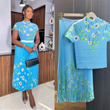 Miyaji Fashion Set Women's Summer French High-Grade Folding Print Short-Sleeved Top + Loose A Word 100-Fold Long Skirt