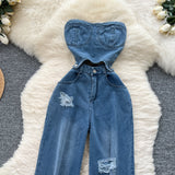 Hong Kong Flavor Chic Net Red New Design Heartless Sleeveless High-Rise Thin Hole Casual Denim Jumpsuit