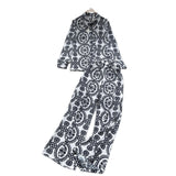 Lightly Familiar Wind Wearing A Female Fashionable Loose-Fitting Long-Sleeved Printed Shirt + High-Waisted Casual Broad-Legged Trousers Set