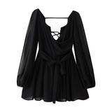 2025 Summer Out-The-Shoulder Lantern Long-Sleeved V-Neck Dress Sexy Showy Multi-Colored Skirt Woman