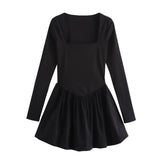 Spring 2025 New Temperament Balloon Dress Square Collar High Waist Thin Black Dress
