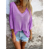 Special For The New T-Shirt Women's Hollow Long-Sleeved Knitted Shirt Languid Style Design V Collar Sunscreen Sexy Wind