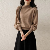 European Goods In The Ocean With Half-High Collar Knitted Women 2025 Autumn New Lantern Sleeve Cashmere Bottom Sweater Commute