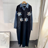 Autumn/Winter 2025 New Cowboy Splicing Knitted Two-Piece Collar Dress Flower Nails Decorated Long Dress Woman