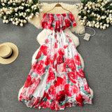 2025 New Flower Series Holiday Dress Women's Lotus Leaf Side Shoulder-Repair Long Chiffon Fairy Dress