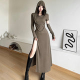 In The Fall Of 2025, The New Women's Folded Hooded Desert Body Repair Waist-Skin Open-Fork-Packed Dress