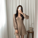 Autumn And Winter Vintage Linen Pattern V-Necked Waist Small Lantern Sleeve A Word Knitted Sweater Dress Women Fashion