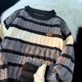 Striped Design Round Collar Hooded Long-Sleeved Sweater Women's Autumn And Winter Wear Loose Sweet Knitted Bottom Top