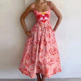 Women's New 2025 Spring Dress Solid Color Sexy U-Neck Waist Folding Sling Dress