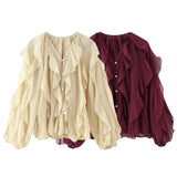 Laminated Decoration Fashion V-Neck Long-Sleeved Shirt 2025 Spring And Summer Thin Single-Dbutton Loose Top Woman
