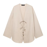 2025 Summer New Women's Casual V-Neck Bow Tie And Suit Top Straight Trousers Set