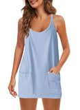 2025 Summer Solid Sleeveless Dress Fine Shoulder Strap Vest Skirt Sports Skirt Pocket
