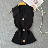 Small Fragrant Knitted Vest Women's Summer Thin Design Sense Niche POLO Collar Thin Short Chic Hanging Neck Top